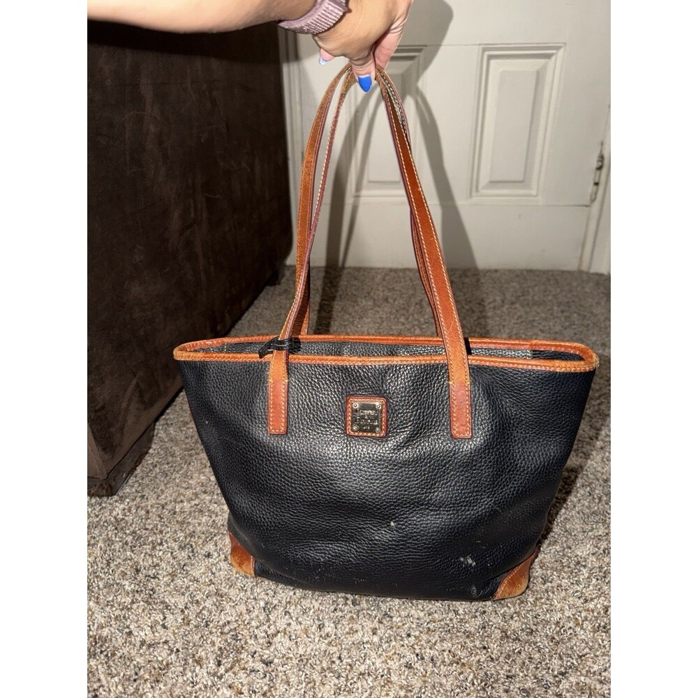 Dooney & Bourke Black Pebbled Leather Tote Bag Brown Trim Shoulder Purse